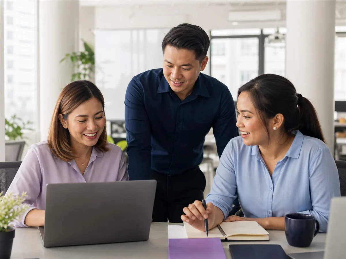 Filipino BOVA support team collaborating around a laptop