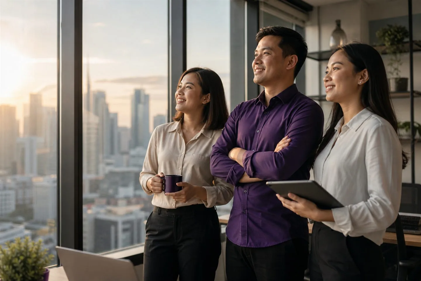 Filipino founder and support team looking ahead together
