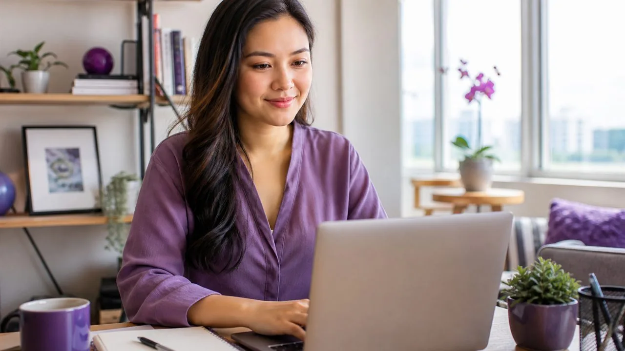 Filipino virtual assistant working from a bright home office